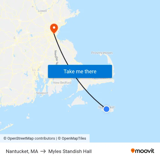 Nantucket, MA to Myles Standish Hall map