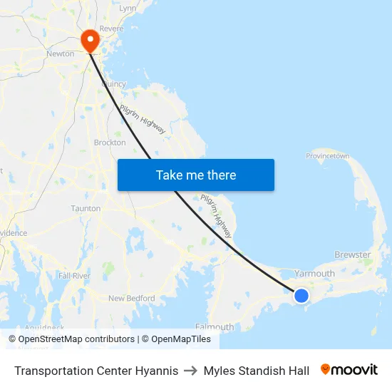 Transportation Center Hyannis to Myles Standish Hall map