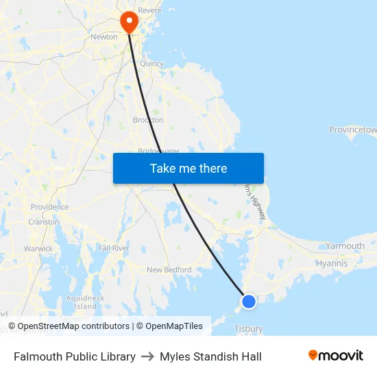 Falmouth Public Library to Myles Standish Hall map