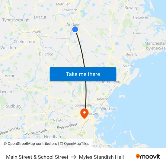 Main Street & School Street to Myles Standish Hall map