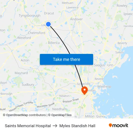 Saints Memorial Hospital to Myles Standish Hall map