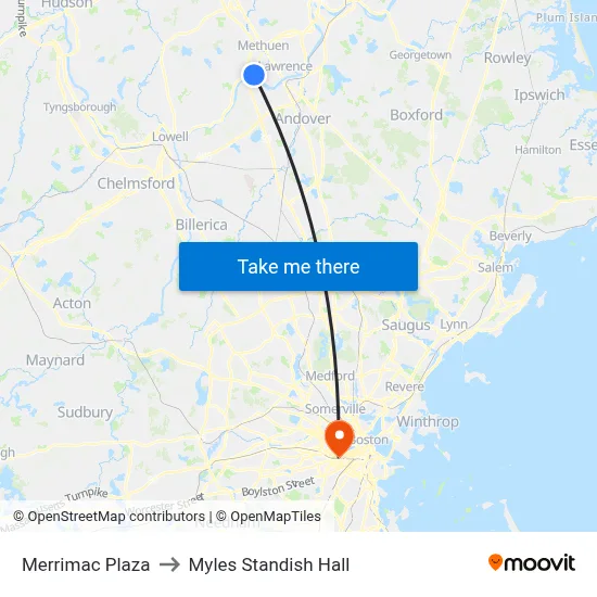 Merrimac Plaza to Myles Standish Hall map