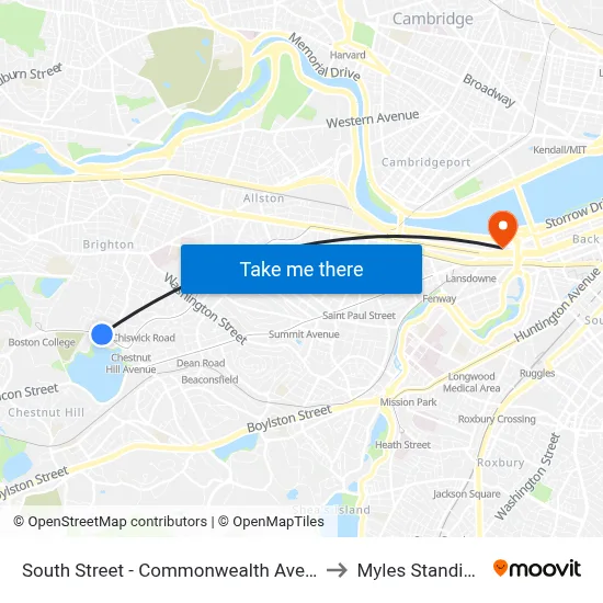 South Street - Commonwealth Ave @ South St to Myles Standish Hall map
