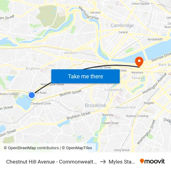Chestnut Hill Avenue - Commonwealth Ave @ Chestnut Hill Ave to Myles Standish Hall map