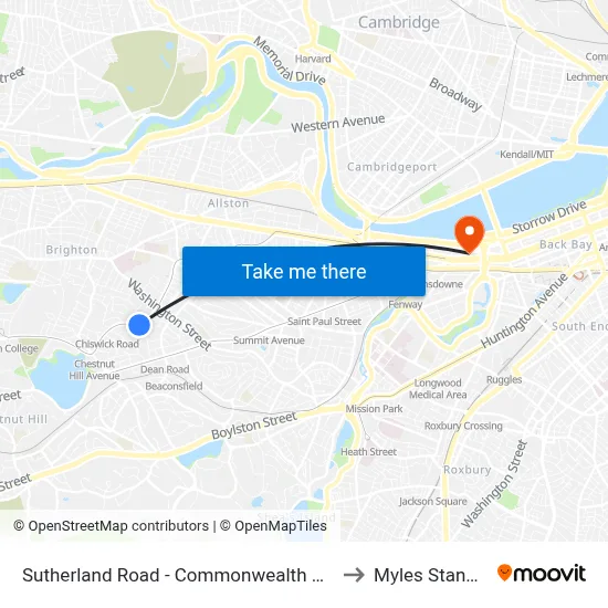 Sutherland Road - Commonwealth Ave @ Colborne Rd to Myles Standish Hall map
