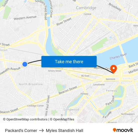 Packard's Corner to Myles Standish Hall map
