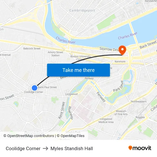 Coolidge Corner to Myles Standish Hall map