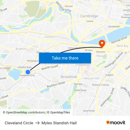Cleveland Circle to Myles Standish Hall map