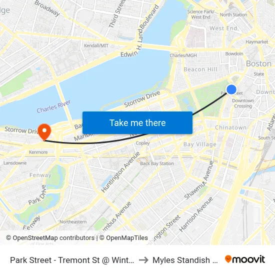 Park Street - Tremont St @ Winter St to Myles Standish Hall map