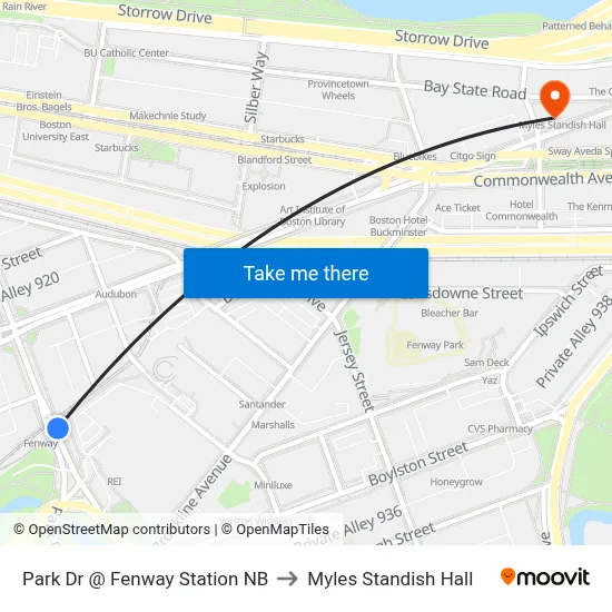 Park Dr @ Fenway Station NB to Myles Standish Hall map