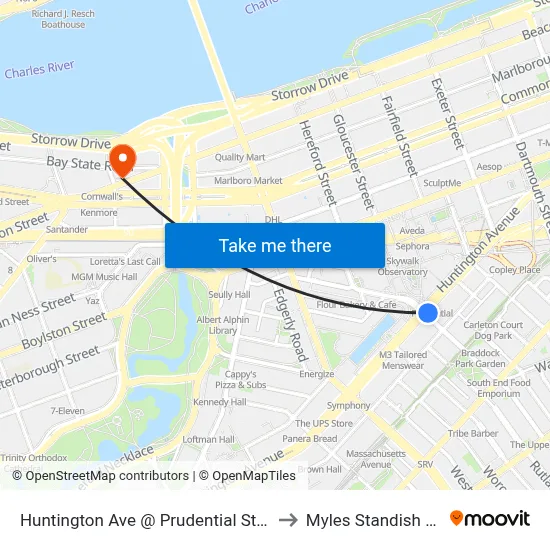 Huntington Ave @ Prudential Station to Myles Standish Hall map