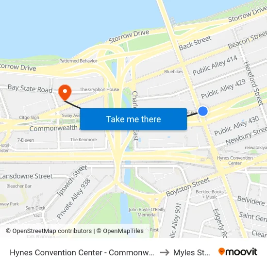 Hynes Convention Center - Commonwealth Ave @ Massachusetts Ave to Myles Standish Hall map