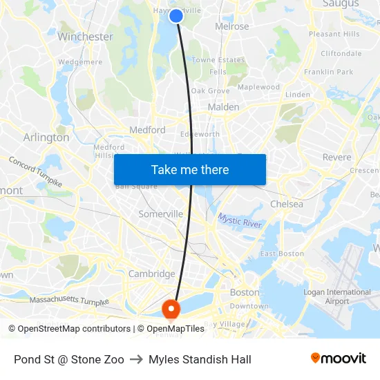 Pond St @ Stone Zoo to Myles Standish Hall map