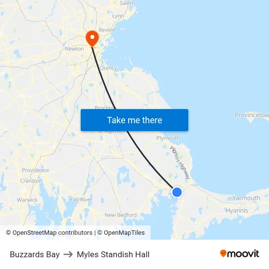Buzzards Bay to Myles Standish Hall map