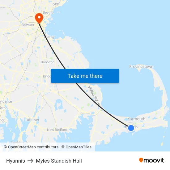 Hyannis to Myles Standish Hall map