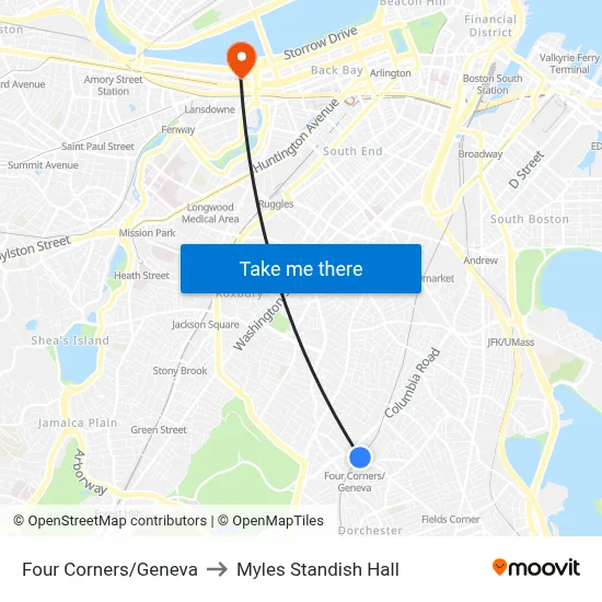 Four Corners/Geneva to Myles Standish Hall map