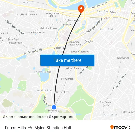 Forest Hills to Myles Standish Hall map