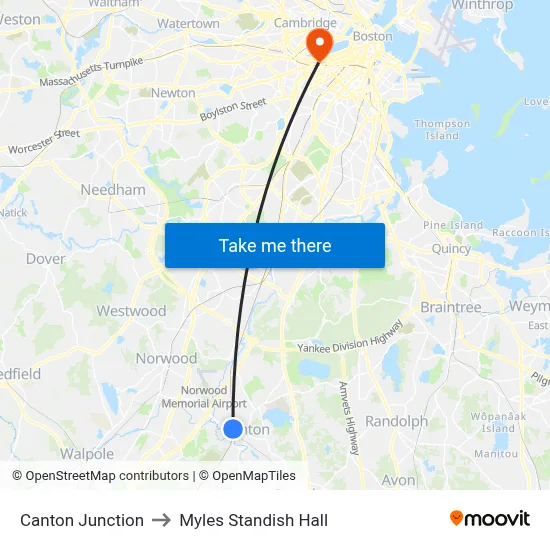 Canton Junction to Myles Standish Hall map