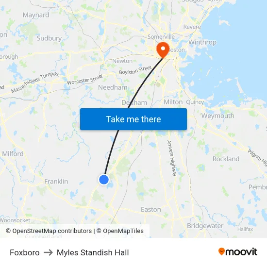 Foxboro to Myles Standish Hall map