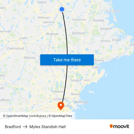 Bradford to Myles Standish Hall map