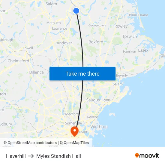 Haverhill to Myles Standish Hall map