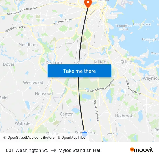 601 Washington St. to Myles Standish Hall map
