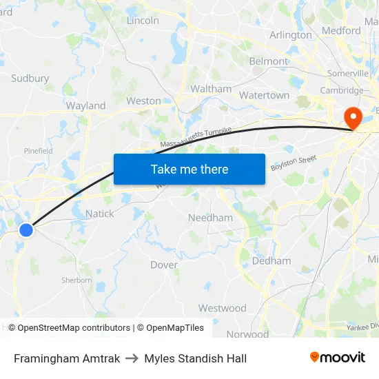 Framingham Amtrak to Myles Standish Hall map