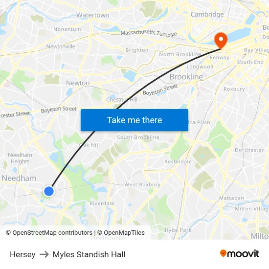Hersey to Myles Standish Hall map