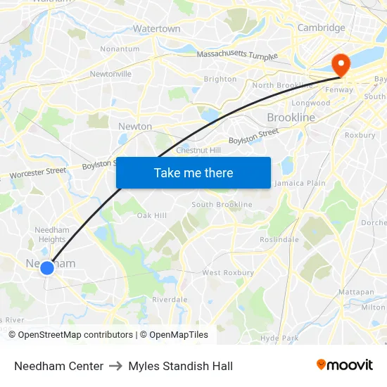 Needham Center to Myles Standish Hall map