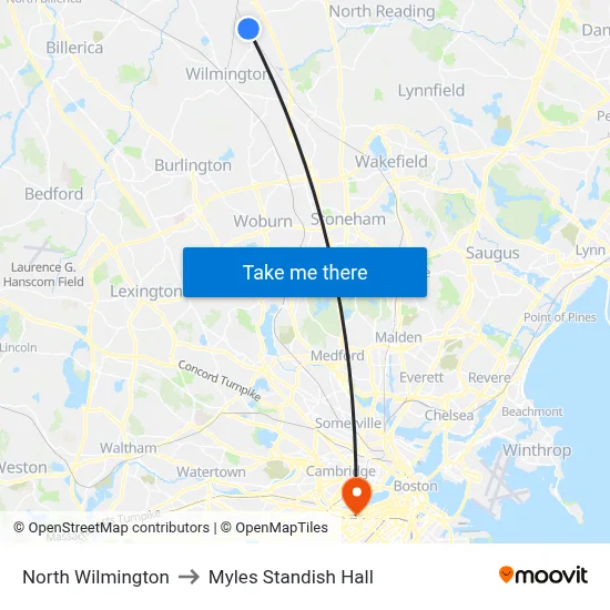 North Wilmington to Myles Standish Hall map