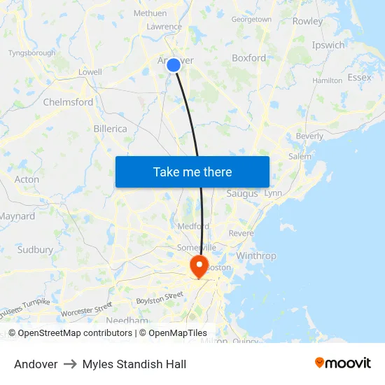 Andover to Myles Standish Hall map