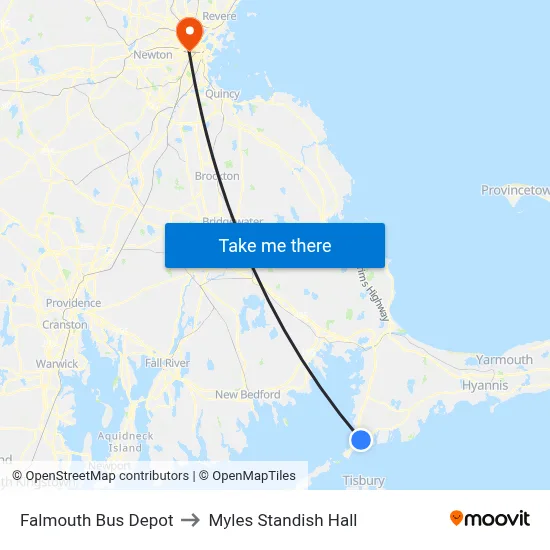 Falmouth Bus Depot to Myles Standish Hall map