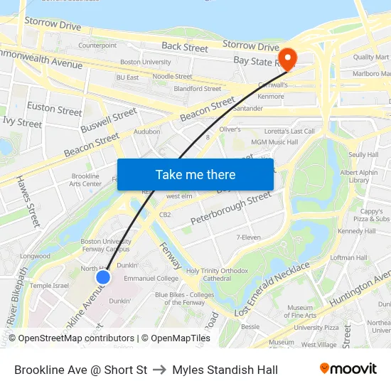 Brookline Ave @ Short St to Myles Standish Hall map