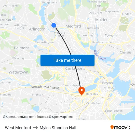 West Medford to Myles Standish Hall map