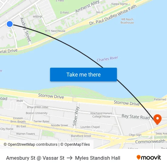 Amesbury St @ Vassar St to Myles Standish Hall map