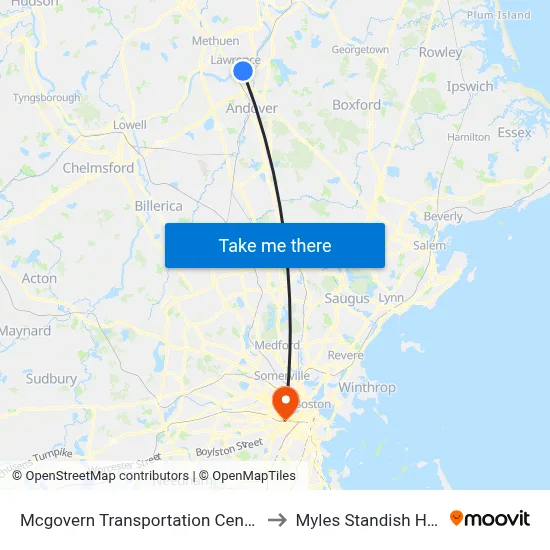 Mcgovern Transportation Center to Myles Standish Hall map