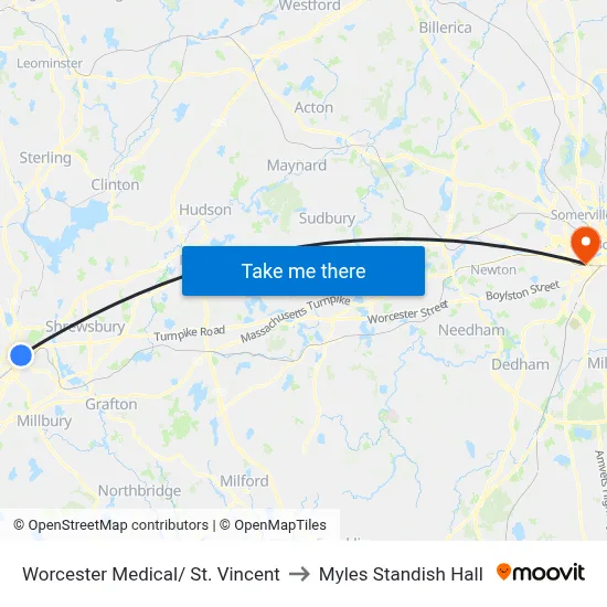 Worcester Medical/ St. Vincent to Myles Standish Hall map