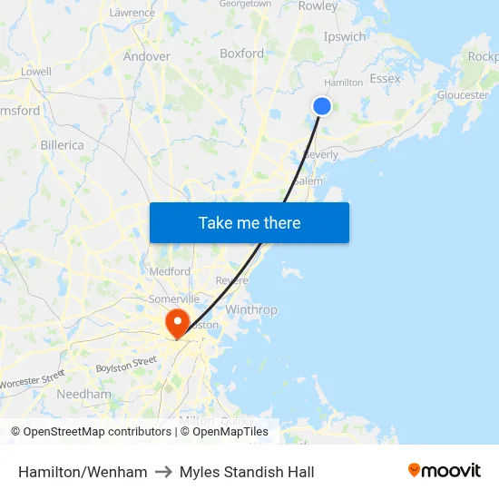 Hamilton/Wenham to Myles Standish Hall map
