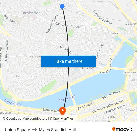 Union Square to Myles Standish Hall map