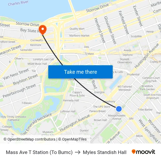 Mass Ave T Station (To Bumc) to Myles Standish Hall map