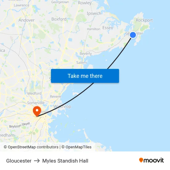 Gloucester to Myles Standish Hall map