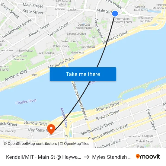 Kendall/MIT - Main St @ Hayward St to Myles Standish Hall map