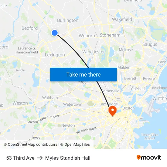 53 Third Ave to Myles Standish Hall map