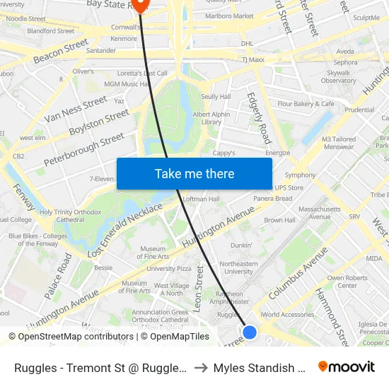 Ruggles - Tremont St @ Ruggles St to Myles Standish Hall map