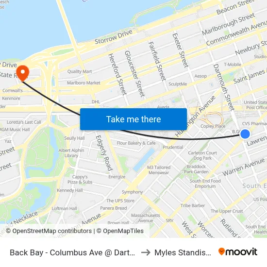 Back Bay - Columbus Ave @ Dartmouth St to Myles Standish Hall map