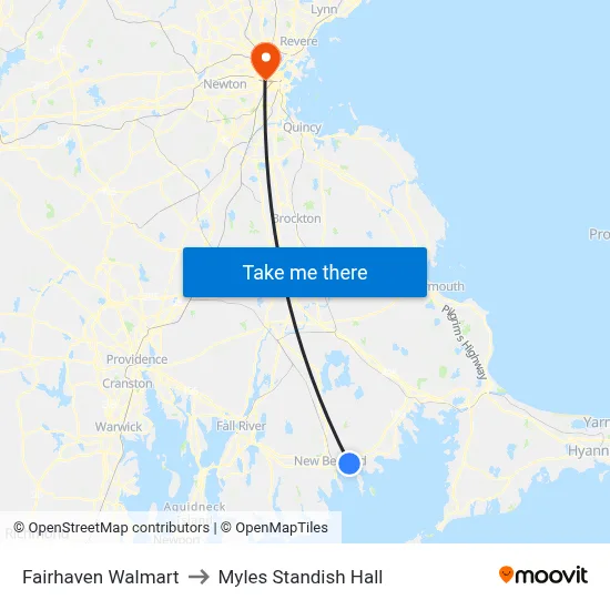 Fairhaven Walmart to Myles Standish Hall map