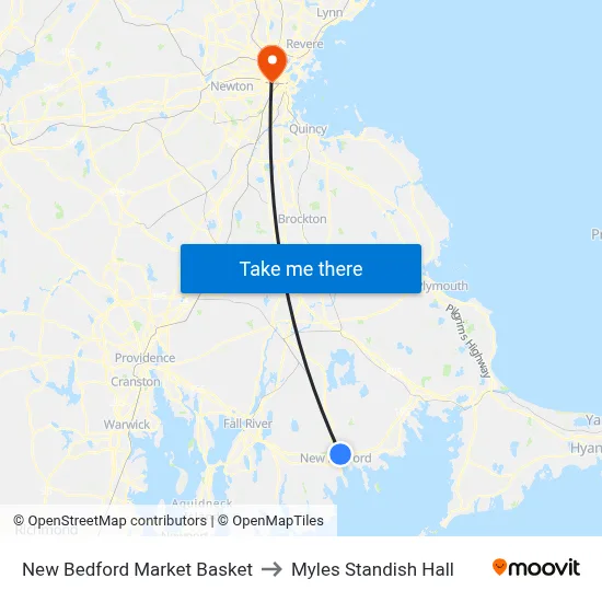 New Bedford Market Basket to Myles Standish Hall map