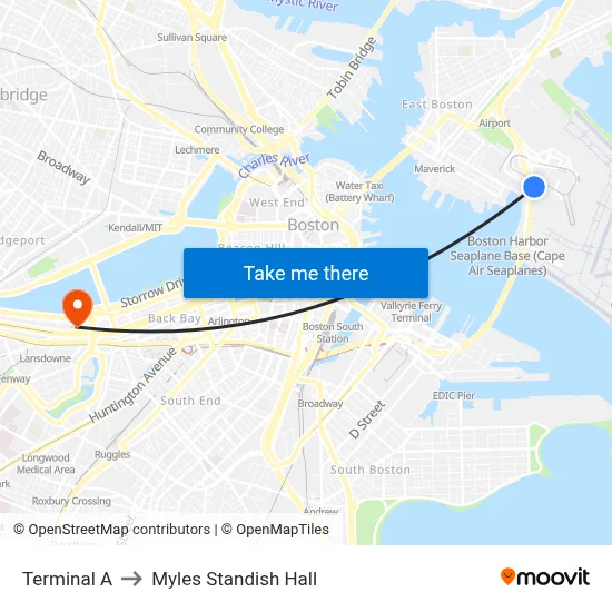 Terminal A to Myles Standish Hall map