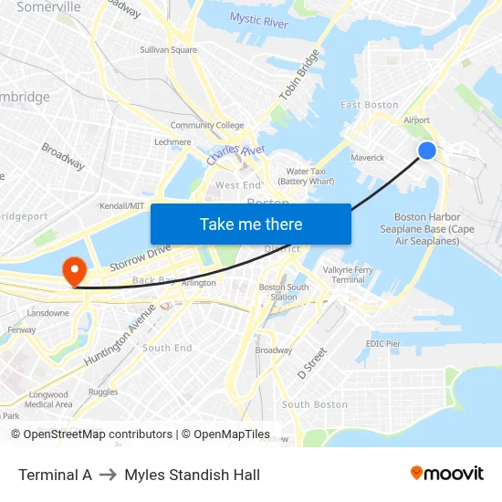 Terminal A to Myles Standish Hall map