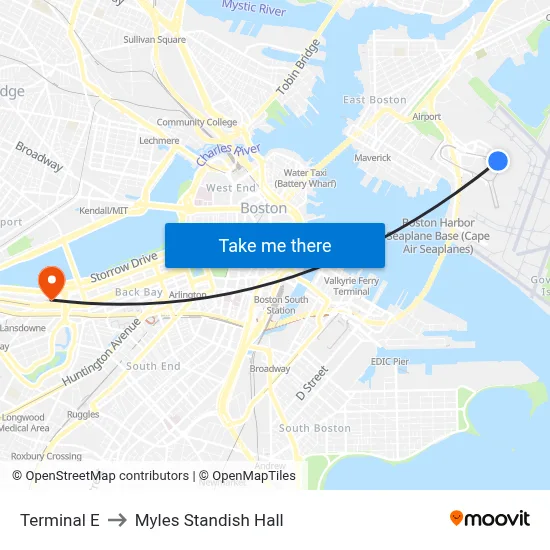 Terminal E to Myles Standish Hall map